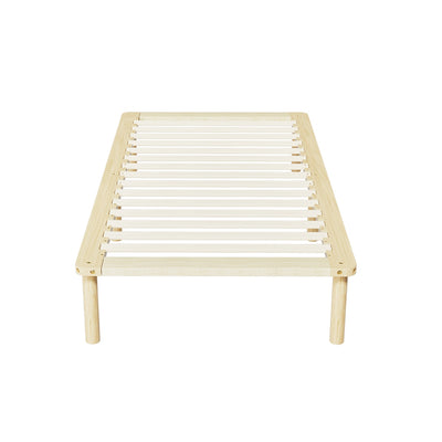 Amba Minimalist Single Wooden Bed Frame Pine with wooden slats and natural pine finish for bedroom furniture.