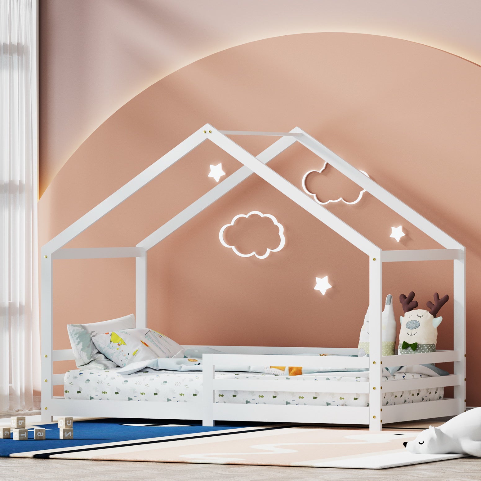 Amos House Shaped Single Wooden Bed Frame White with playful design, solid pine wood, and built-in safety rails in a kid’s bedroom setting