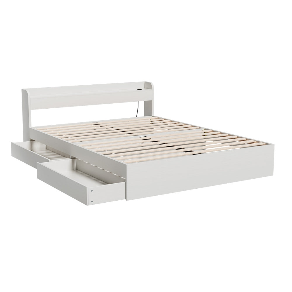 Aura Double Bed Frame With 2 Storage Drawers White featuring wooden slats and built-in USB charging ports for modern bedroom furniture
