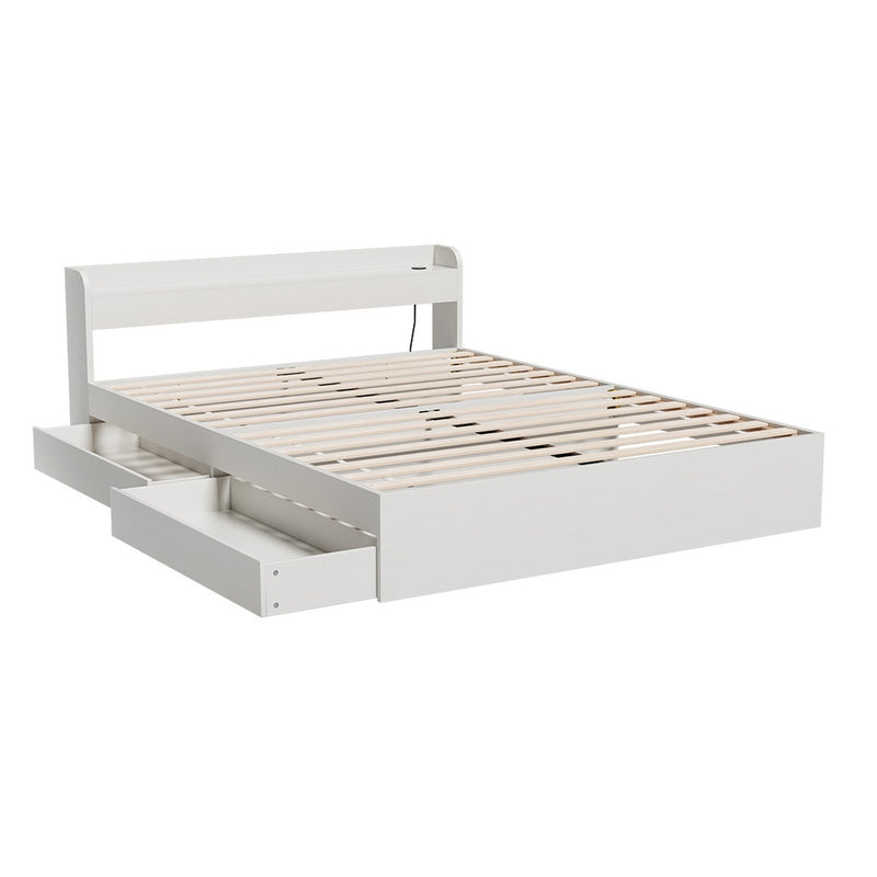Aura Double Bed Frame With 2 Storage Drawers White featuring wooden slats and built-in USB charging ports for modern bedroom furniture