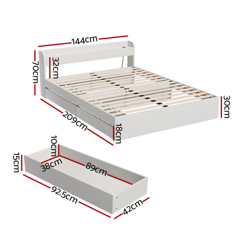 Aura Double Bed Frame With 2 Storage Drawers White with dimensions for bed and pull-out drawer in bedroom furniture style