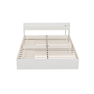 Aura Double Bed Frame With 2 Storage Drawers White featuring wooden slats, white paper finish, and built-in USB charging ports.