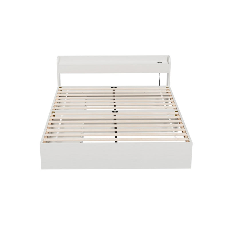Aura Double Bed Frame With 2 Storage Drawers White featuring wooden slats, white paper finish, and built-in USB charging ports.