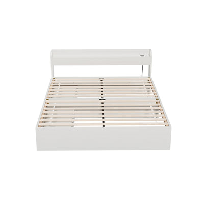 Aura Queen Bed Frame With 2 Storage Drawers White featuring wooden slats and white particleboard frame for bedroom furniture.