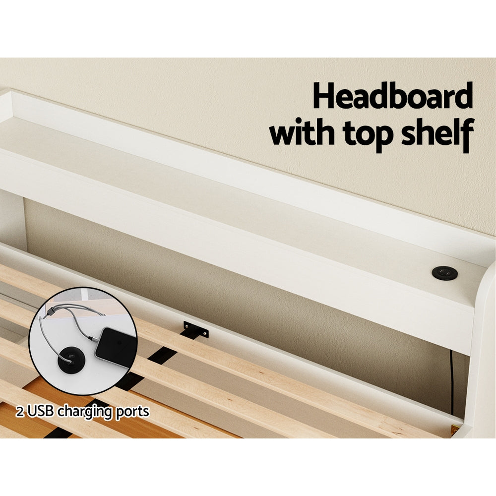 Queen Package | Aura Bed Frame With 2 Storage Drawers White with headboard top shelf and 2 USB charging ports shown from above