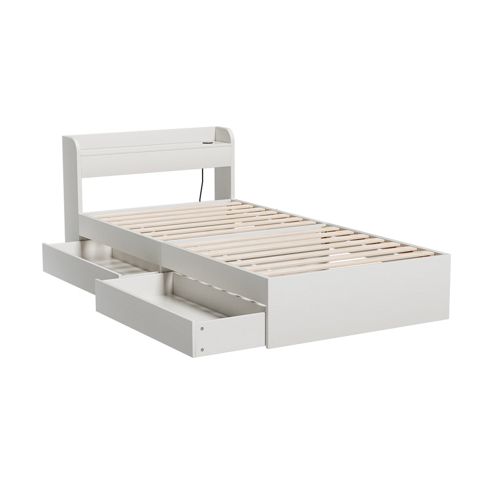 Aura Single Bed Frame With 2 Storage Drawers White, featuring wooden slats, built-in storage drawers, and a white finished frame.