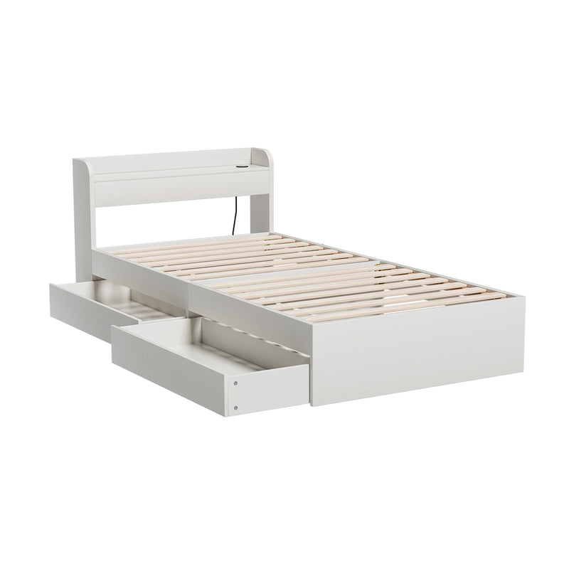Aura Single Bed Frame With 2 Storage Drawers White, featuring wooden slats, built-in storage drawers, and a white finished frame.