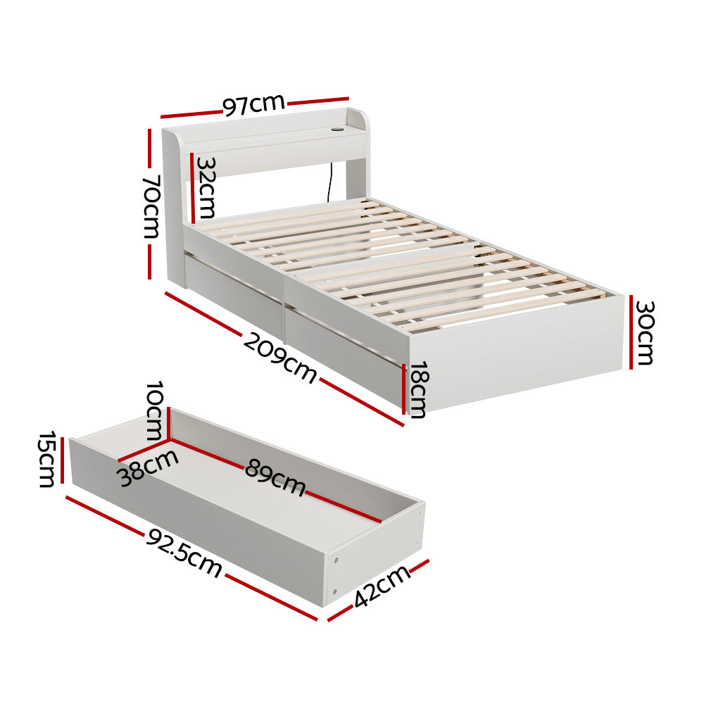 Aura Single Bed Frame With 2 Storage Drawers White with wooden slats, storage drawers and white finish, bedroom furniture by Bedzy