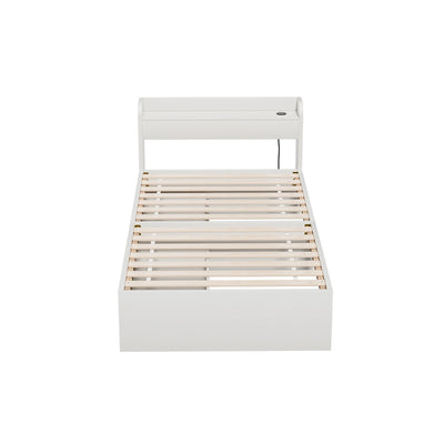 Aura Single Bed Frame With 2 Storage Drawers White featuring wooden slats, built-in USB ports, and a modern white finish.