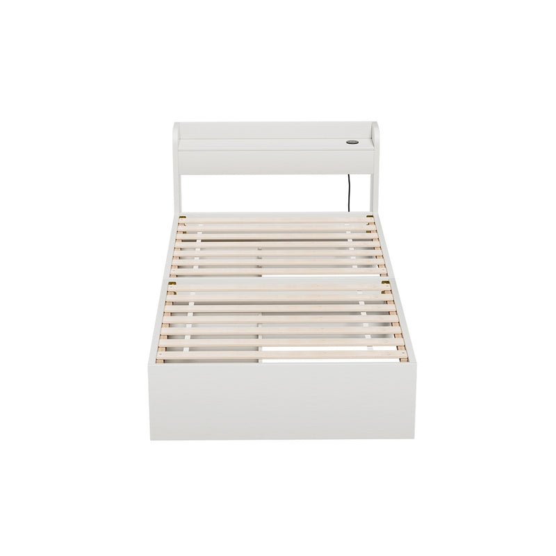 Aura Single Bed Frame With 2 Storage Drawers White featuring wooden slats, built-in USB ports, and a modern white finish.