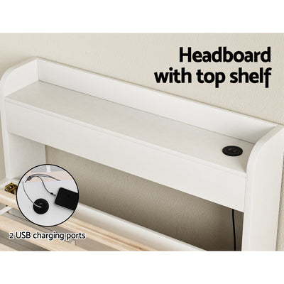 Aura Single Bed Frame With 2 Storage Drawers White headboard with top shelf and built-in 2 USB charging ports shown with wooden slats