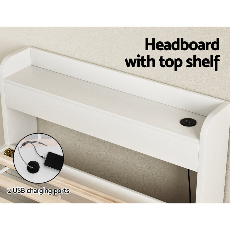 Aura Single Bed Frame With 2 Storage Drawers White headboard with top shelf and built-in 2 USB charging ports shown with wooden slats