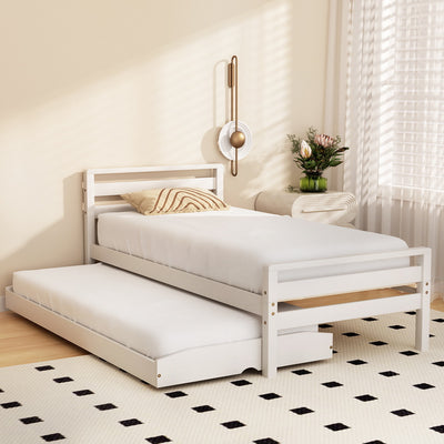 Avis Wooden Trundle Single Bed Frame White with pull-out trundle, white wood finish, and minimalist bedroom setting