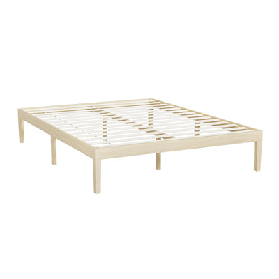 Bruno Minimalist Double Solid Pinewood Bed Frame with wooden slats and simple, sturdy design for bedroom furniture.