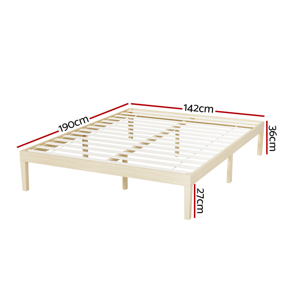 Bruno Minimalist Double Solid Pinewood Bed Frame with natural finish and wooden slats, dimensions shown for bedroom furniture