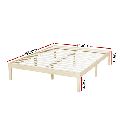 Bruno Minimalist Double Solid Pinewood Bed Frame with natural finish and wooden slats, dimensions shown for bedroom furniture