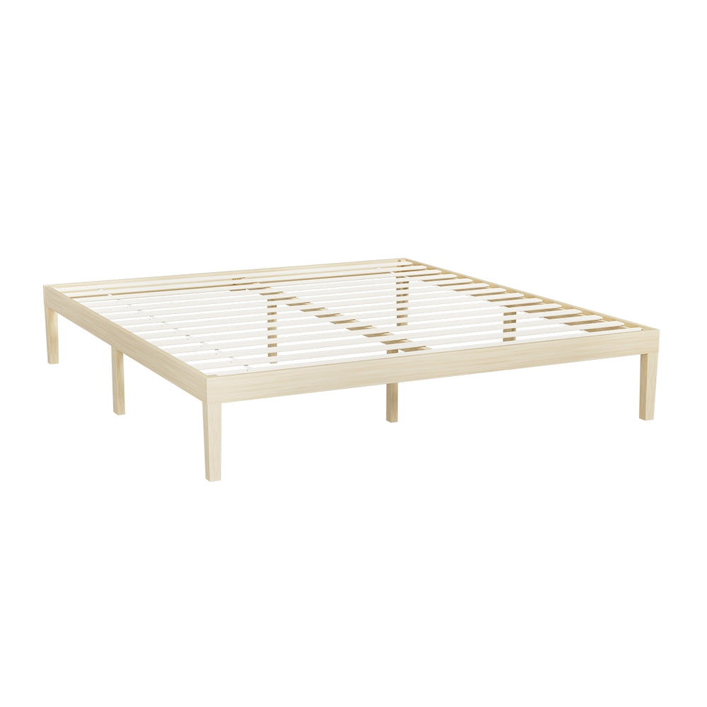 Bruno Minimalist King Solid Pinewood Bed Frame with wooden slats and natural pine finish, designed for bedroom furniture.