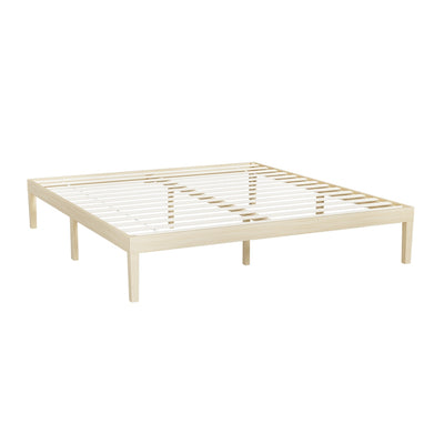 Bruno Minimalist King Solid Pinewood Bed Frame with wooden slats and natural pine finish, designed for bedroom furniture.