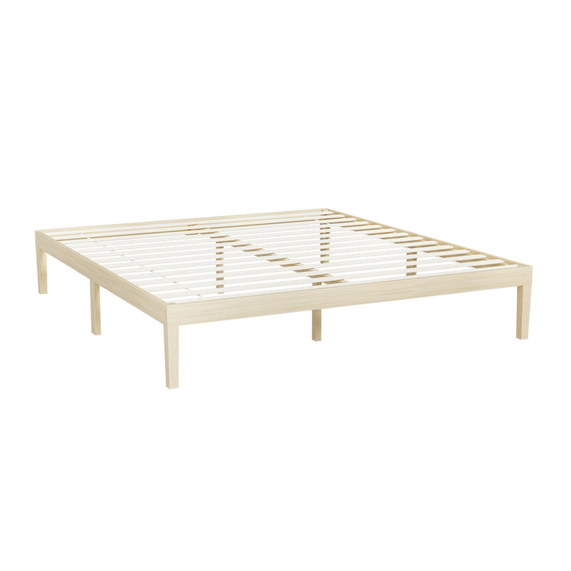 Bruno Minimalist King Solid Pinewood Bed Frame with wooden slats and natural pine finish, designed for bedroom furniture.