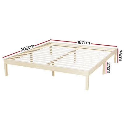 Bruno Minimalist King Solid Pinewood Bed Frame with slatted base and natural wood finish showing dimensions
