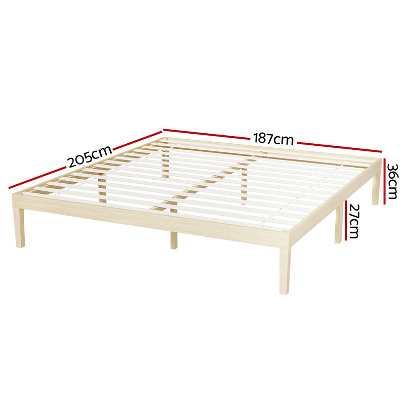 Bruno Minimalist King Solid Pinewood Bed Frame with slatted base and natural wood finish showing dimensions