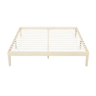 Bruno Minimalist King Solid Pinewood Bed Frame with wooden slats and simple natural finish, shown on white background