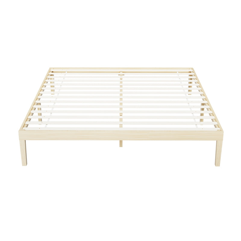 Bruno Minimalist King Solid Pinewood Bed Frame with wooden slats and simple natural finish, shown on white background