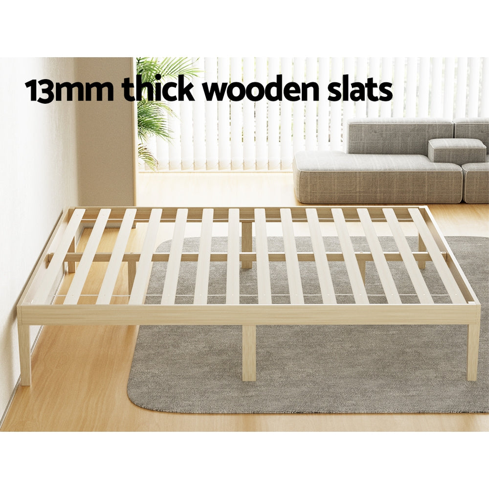 King Package | Bruno Minimalist Solid Pinewood Bed Frame with 13mm thick wooden slats in a bright modern living room setting