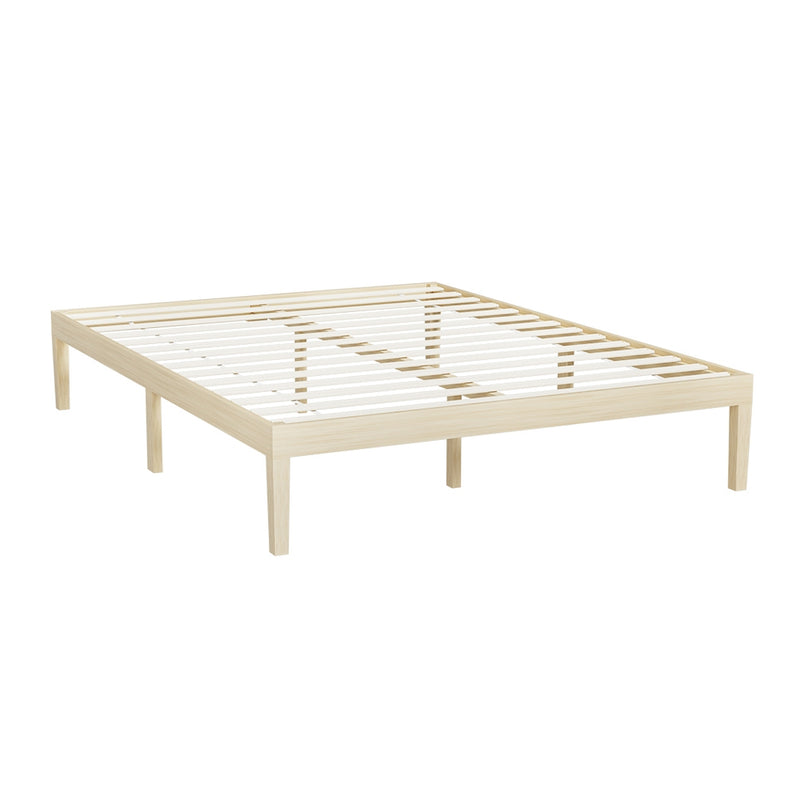 Bruno Minimalist Queen Solid Pinewood Bed Frame with slatted base in natural wood finish, minimalist bedroom furniture design