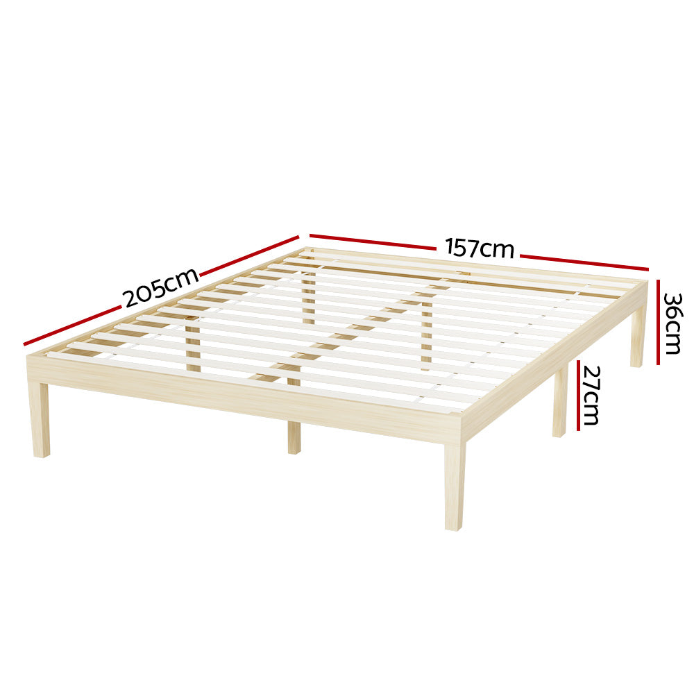 Bruno Minimalist Queen Solid Pinewood Bed Frame with slatted base and natural wood finish, showing dimensions on white background
