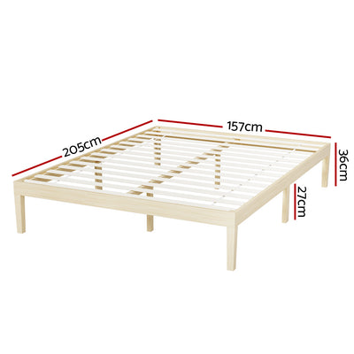 Bruno Minimalist Queen Solid Pinewood Bed Frame with slatted base and natural wood finish, showing dimensions on white background