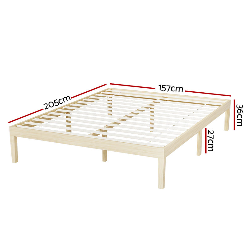 Bruno Minimalist Queen Solid Pinewood Bed Frame with slatted base and natural wood finish, showing dimensions on white background
