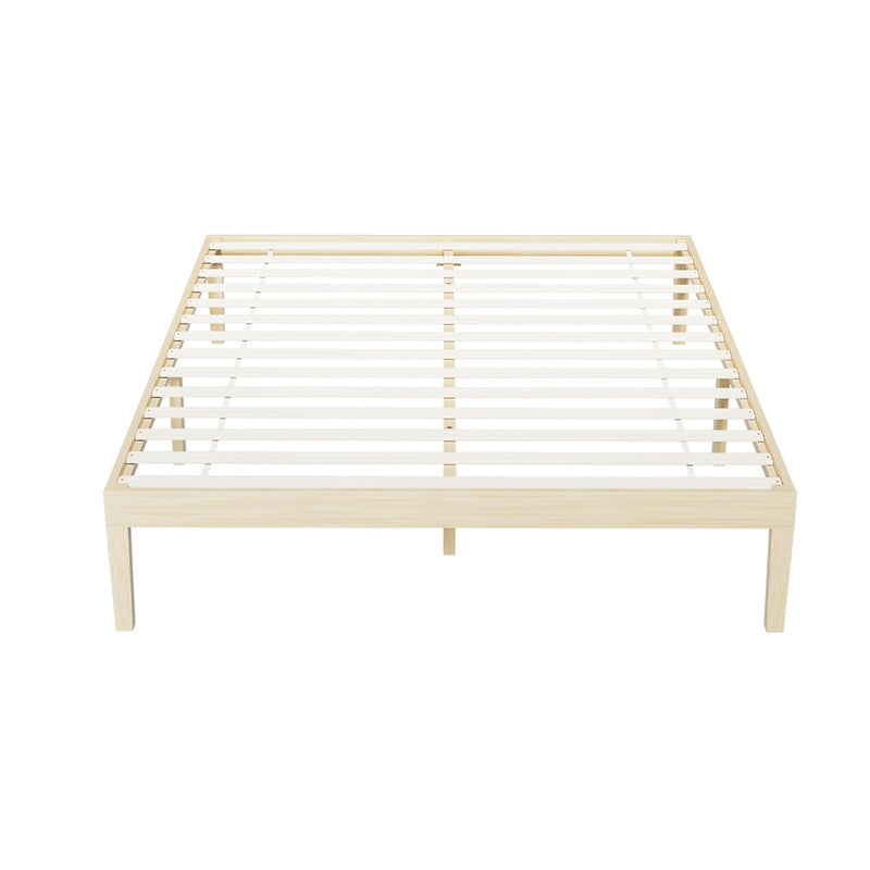 Bruno Minimalist Queen Solid Pinewood Bed Frame with slatted base and natural wood finish, ideal for bedroom furniture by Bedzy