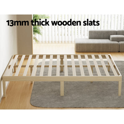 Bruno Minimalist Queen Solid Pinewood Bed Frame with sturdy 13mm thick wooden slats in modern bedroom setting