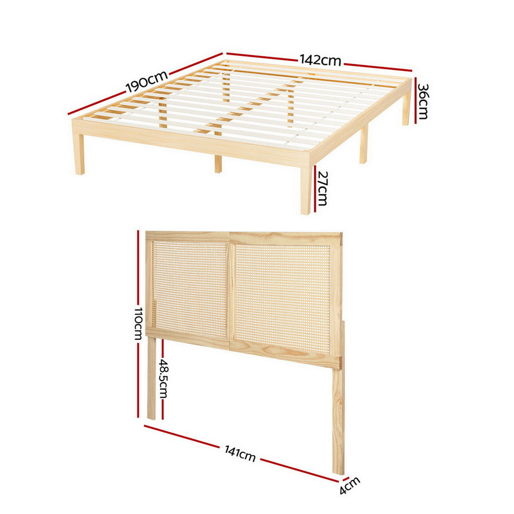 Bruno Double Wooden Bed Frame with Rattan Headboard – Pine Finish with slatted base and detailed measurements shown