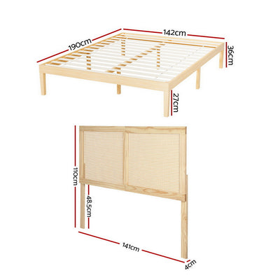 Bruno Double Wooden Bed Frame with Rattan Headboard – Pine Finish with slatted base and detailed measurements shown