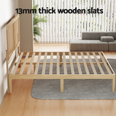 Bruno Double Wooden Bed Frame with Rattan Headboard – Pine Finish with 13mm thick wooden slats in modern bedroom setting