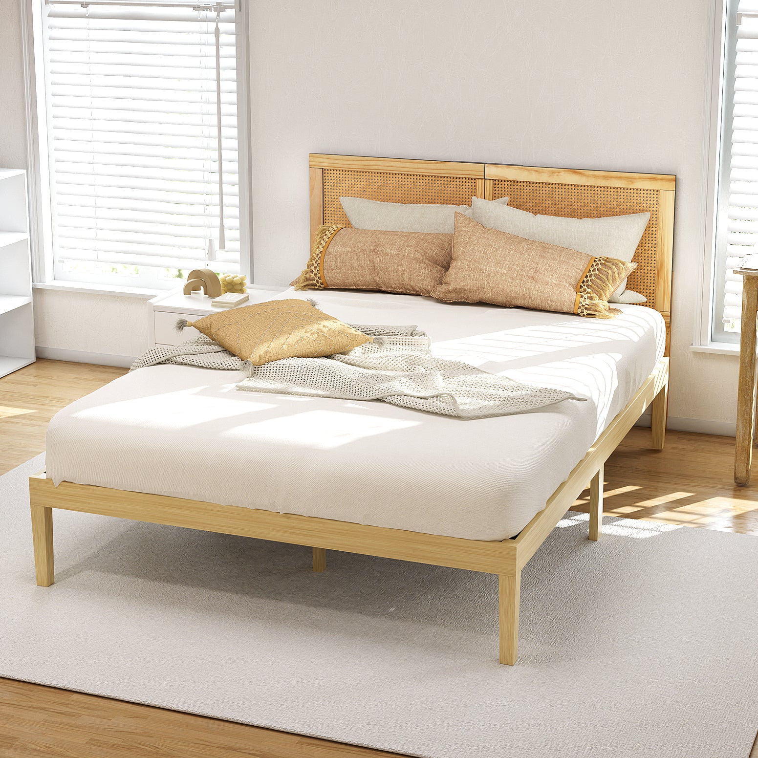Bruno Double Wooden Bed Frame with Rattan Headboard – Pine Finish
