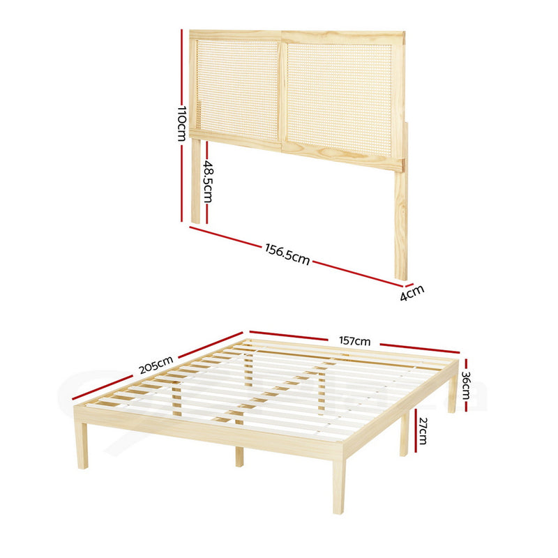 Bruno Queen Wooden Bed Frame with Rattan Headboard – Pine Finish showing dimensions of headboard and frame structure