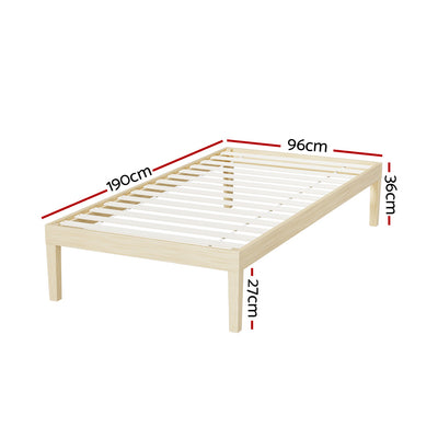 Bruno Minimalist Single Solid Pinewood Bed Frame with slatted base and natural wood finish, shown with dimensions and leg height