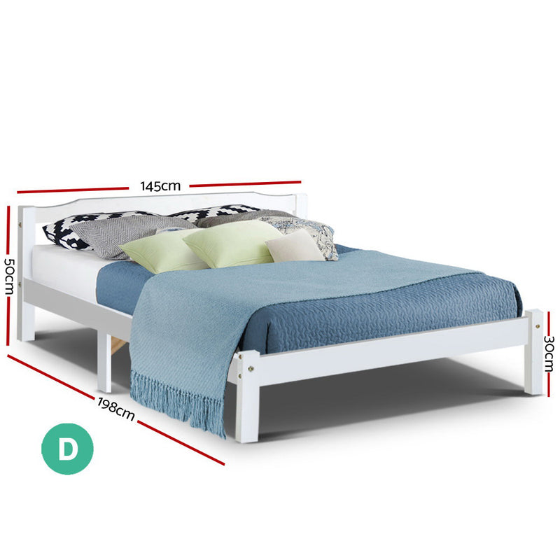 Gibson Wooden Double Bed Frame White with solid pine construction and simple design, shown with bedding and pillows