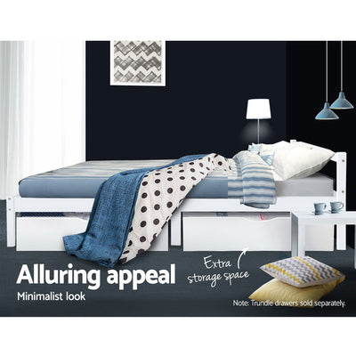 Gibson Wooden Double Bed Frame White with minimalist design, mattress, bedding, and extra storage drawers underneath