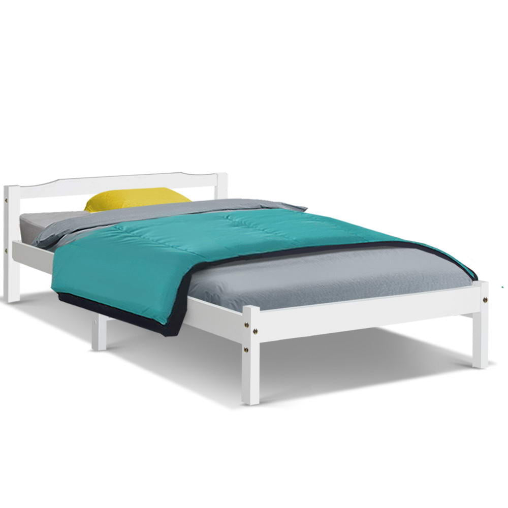 Gibson Wooden Single Bed Frame White with solid pine wood construction, shown with bedding in bedroom furniture setting