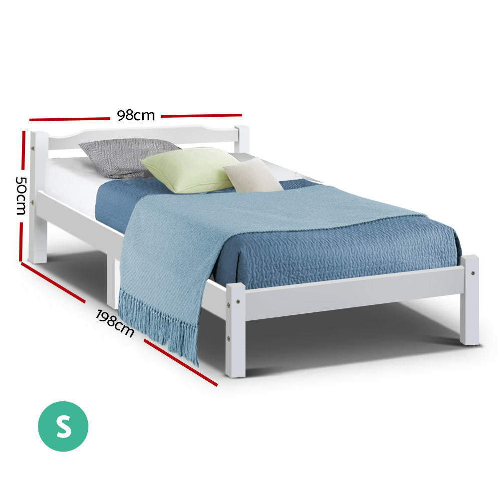 Gibson Wooden Single Bed Frame White with solid pine wood construction, compatible with Australian single mattresses, shown with bedding.