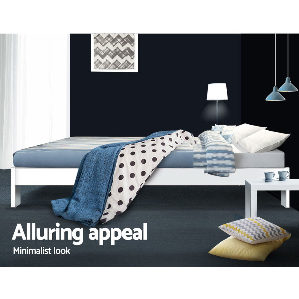 Fairy Wooden Double Bed Frame White in minimalist bedroom setting with blue and polka dot bedding and modern lighting