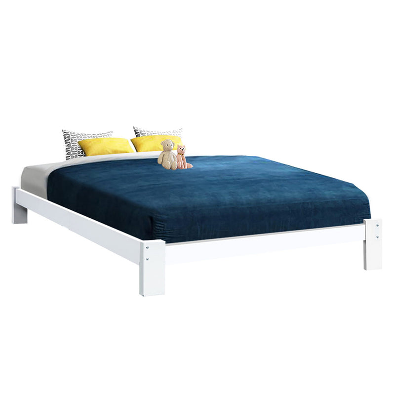 Fairy Wooden Queen Bed Frame White with solid pine wood construction, simple design, and navy bedding styling in bedroom setting