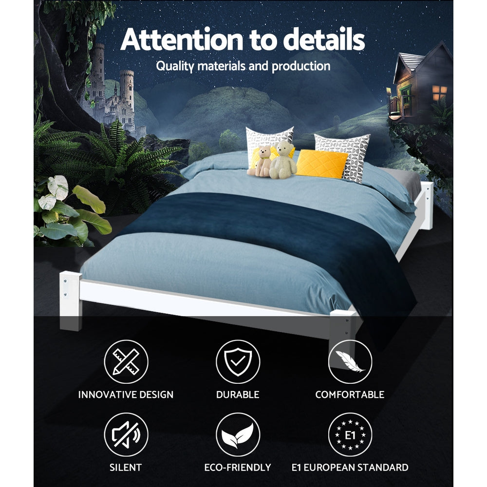 Fairy Wooden Queen Bed Frame White in solid pine wood, sleek design, durable, eco-friendly bedroom furniture by Bedzy