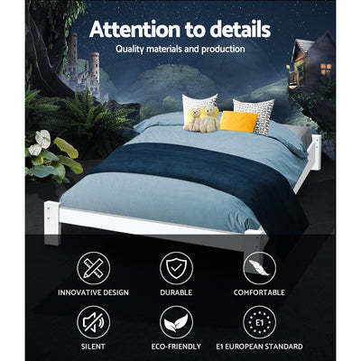 Fairy Wooden Queen Bed Frame White in solid pine wood, sleek design, durable, eco-friendly bedroom furniture by Bedzy
