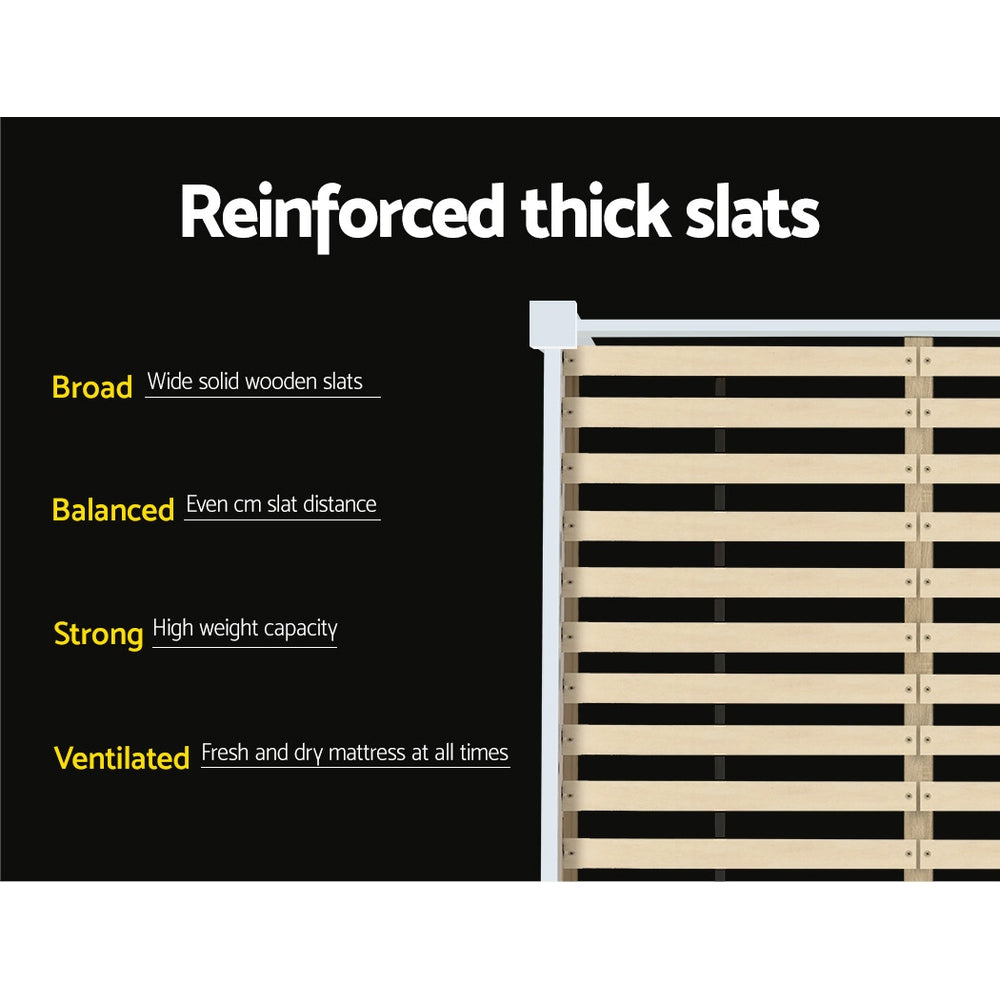 Reinforced thick wooden slats detail for Fairy Wooden Queen Bed Frame White emphasizing strength and ventilation features.