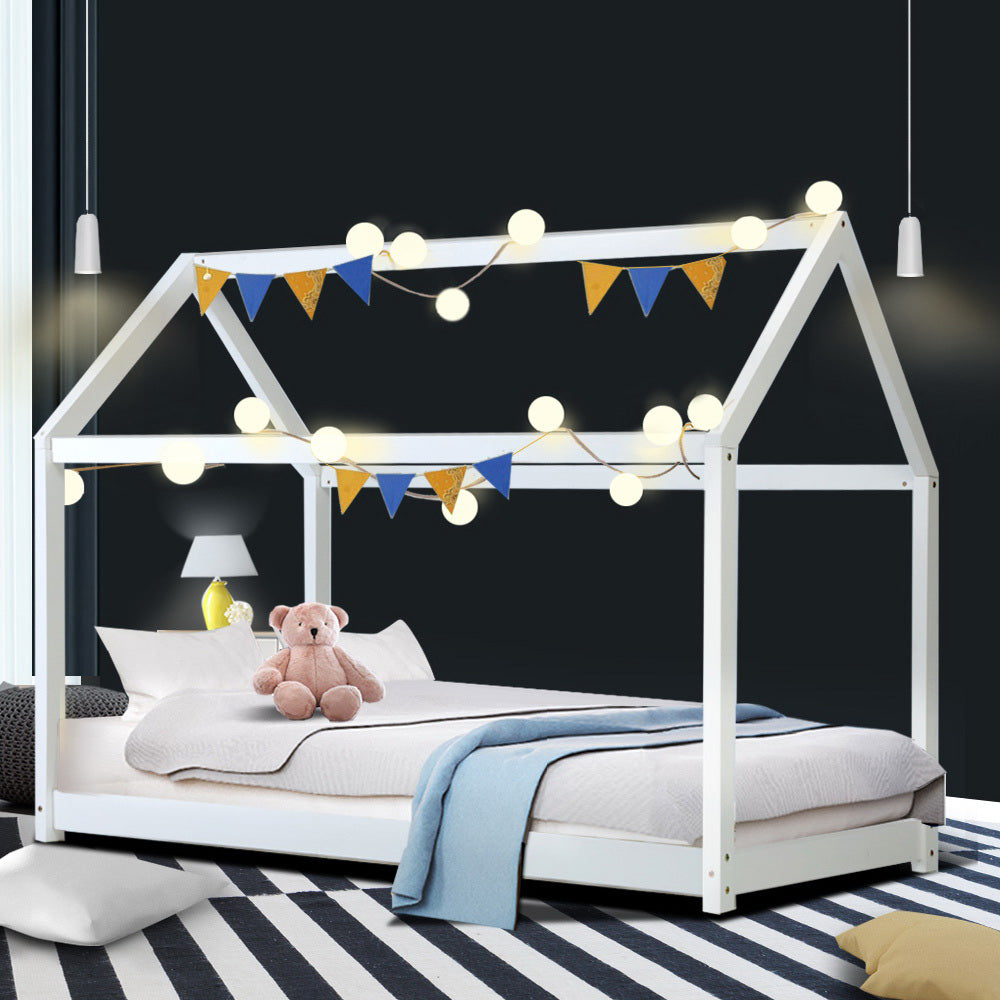 Kids Casa Wooden Single Bed Frame White with solid pine wood, house-shaped design, decorated with string lights and bunting flags